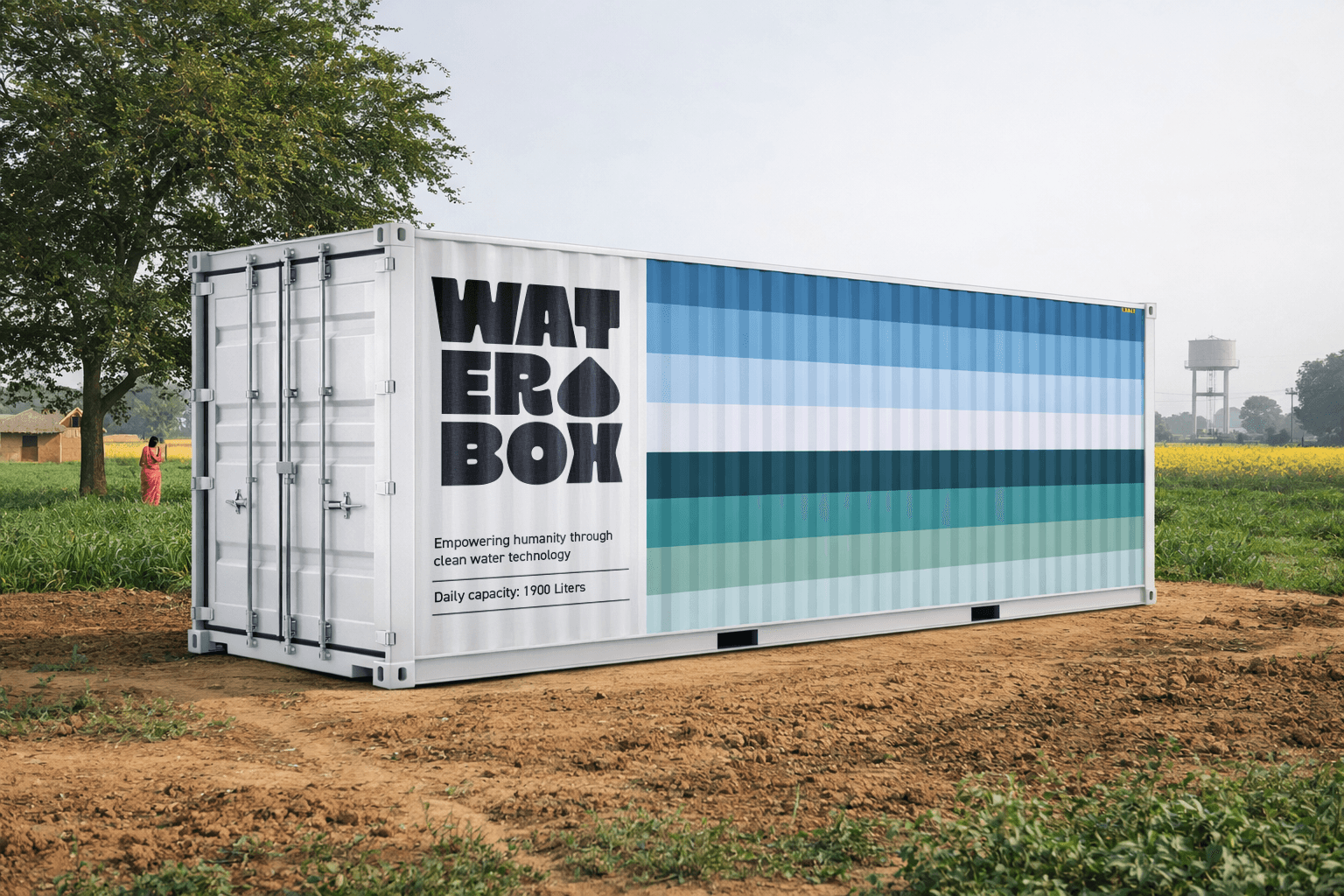 WATERBOX container rendering with blue stripes in field