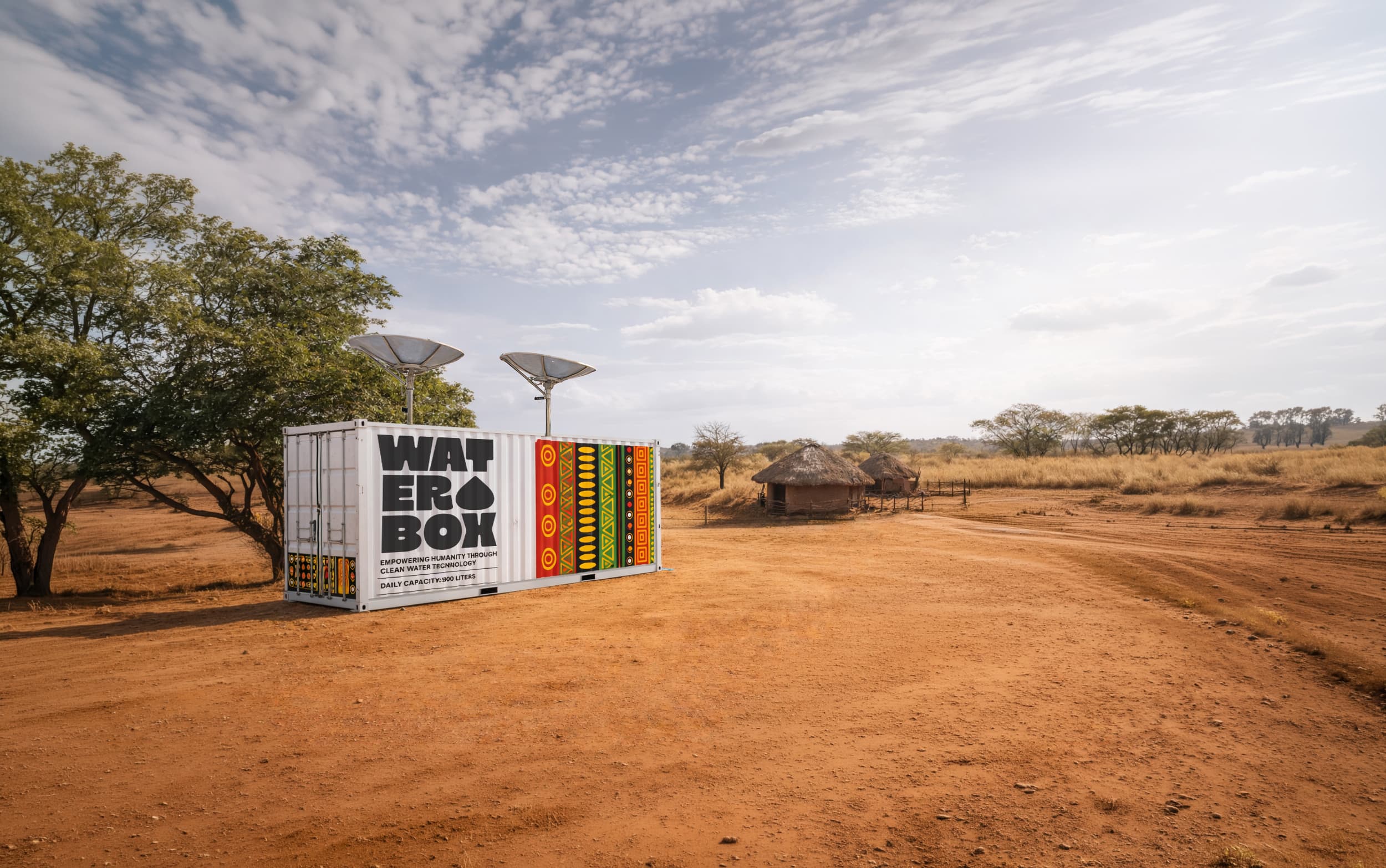 WATERBOX container in savanna near traditional huts