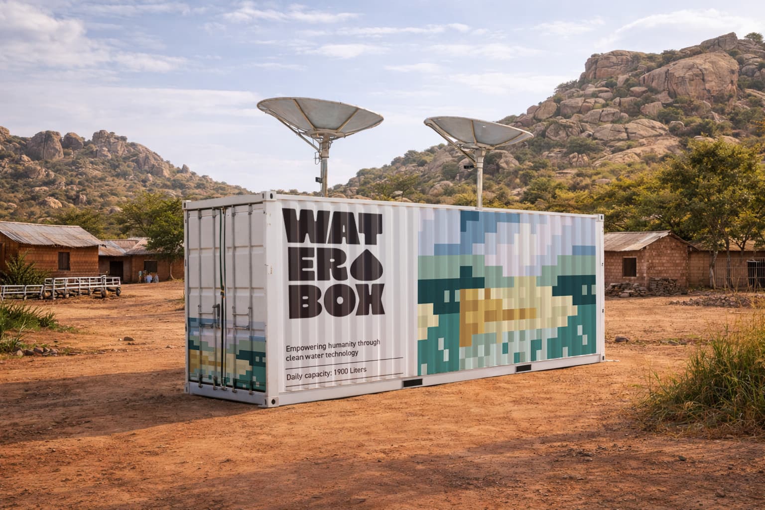 WATERBOX container with pixel graphics in rocky landscape